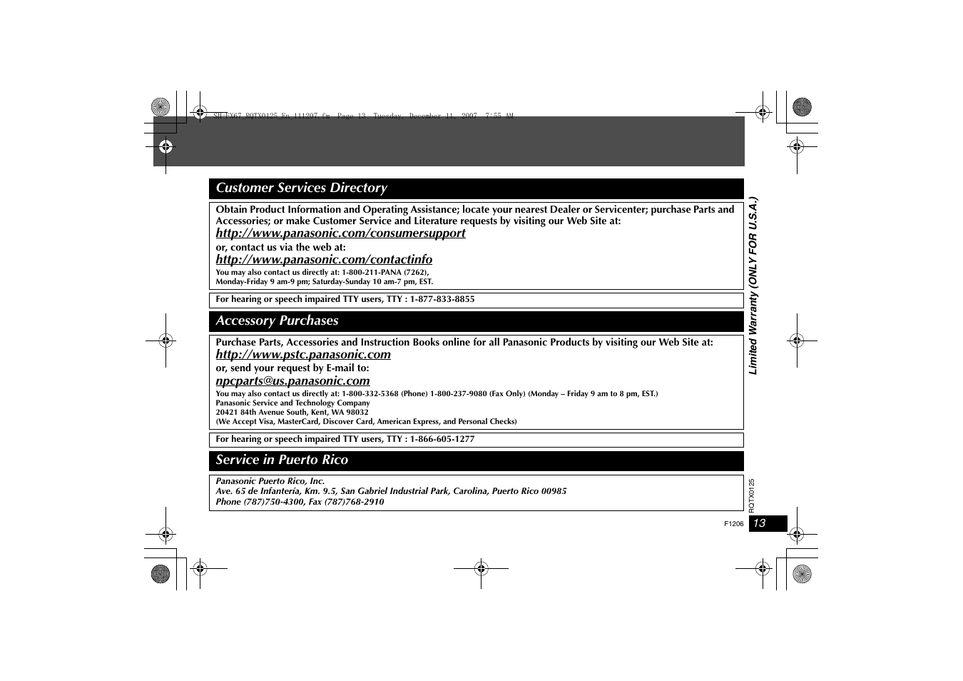 Customer services directory, Accessory purchases, Service in puerto rico | Panasonic SH-FX67 User Manual | Page 13 / 16