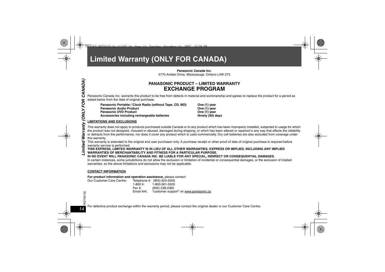 Limited warranty (only for canada), Exchange program | Panasonic SH-FX67 User Manual | Page 14 / 16