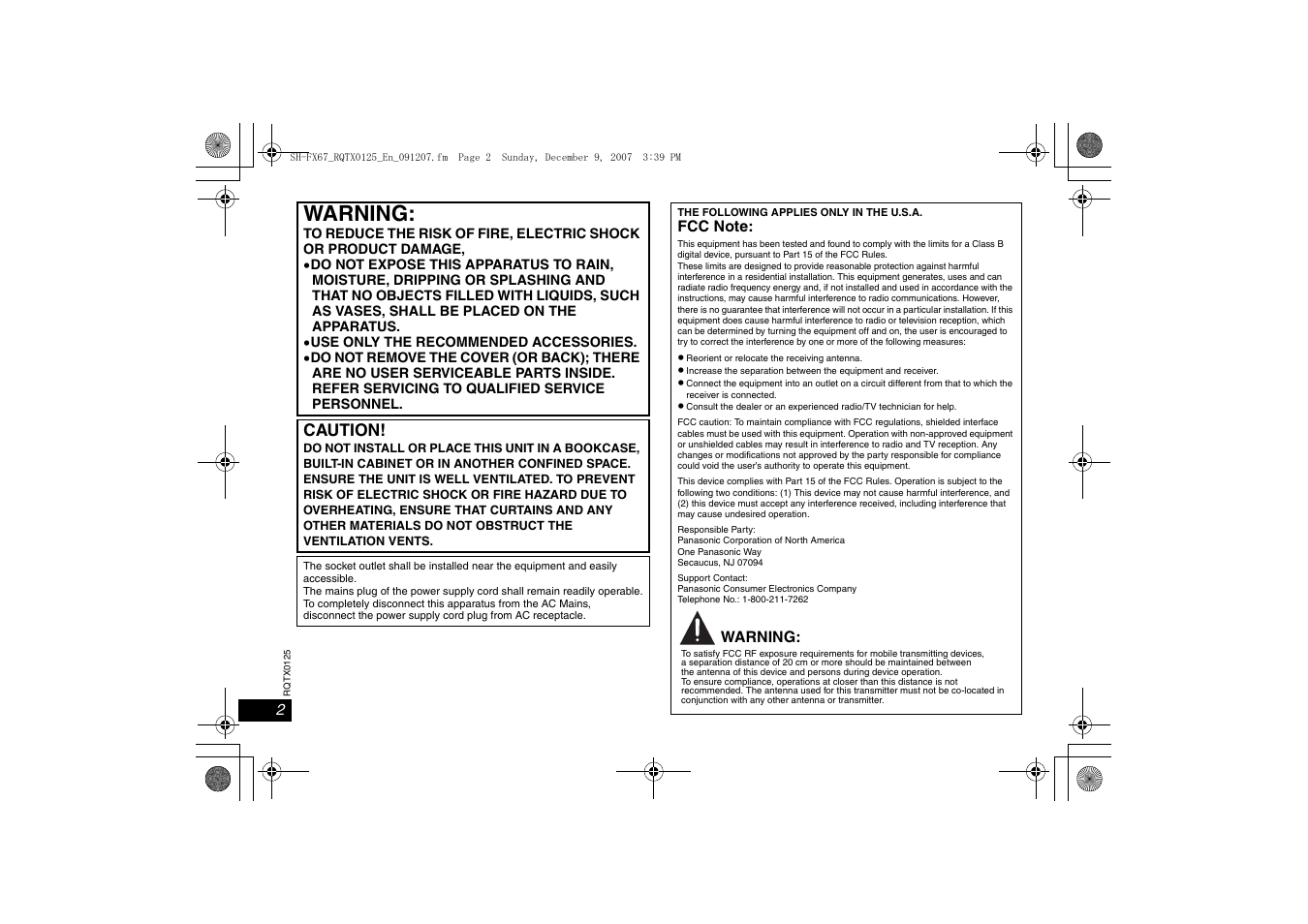 Warning, Caution | Panasonic SH-FX67 User Manual | Page 2 / 16