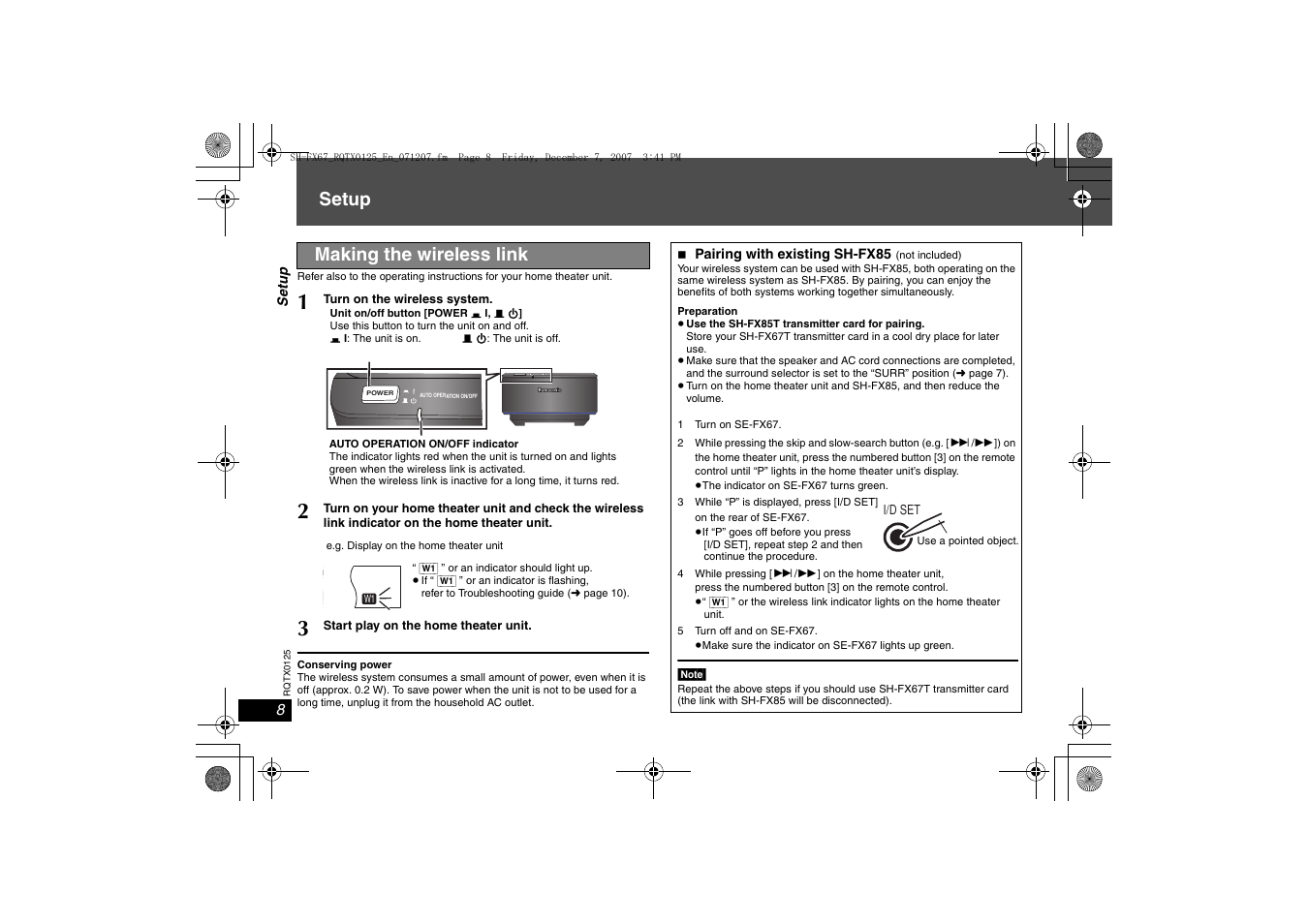 Setup, Making the wireless link | Panasonic SH-FX67 User Manual | Page 8 / 16