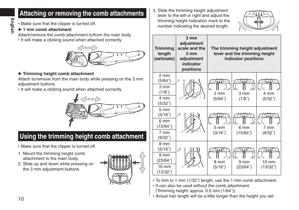 Attachingorremovingthecombattachments, Usingthetrimmingheightcombattachment | Panasonic ER-GS60-S User Manual | Page 10 / 48