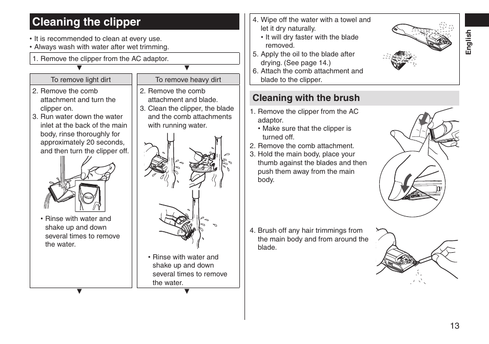 Cleaningtheclipper, Cleaningwiththebrush | Panasonic ER-GS60-S User Manual | Page 13 / 48