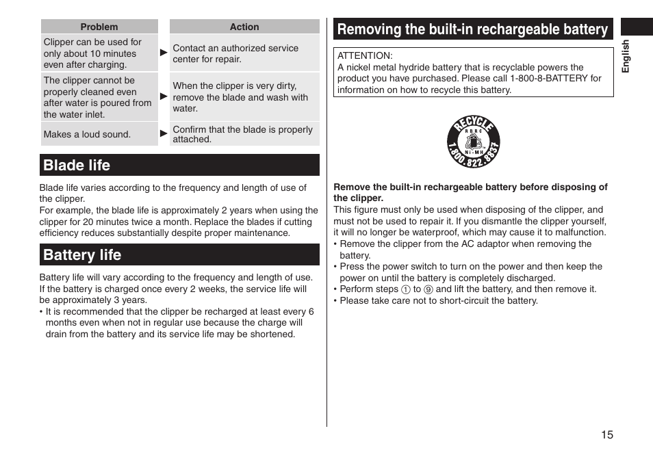 Bladelife, Batterylife, Removingthebuilt-inrechargeablebattery | Panasonic ER-GS60-S User Manual | Page 15 / 48