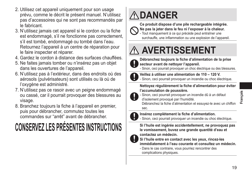 Conservezlesprésentesinstructions, Danger, Avertissement | Panasonic ER-GS60-S User Manual | Page 19 / 48