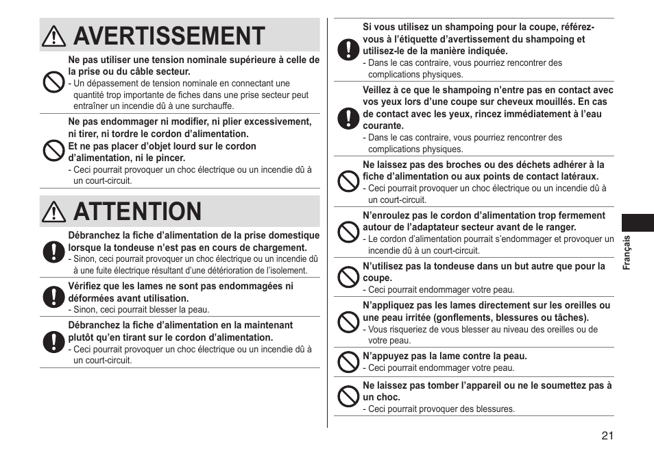Avertissement, Attention | Panasonic ER-GS60-S User Manual | Page 21 / 48