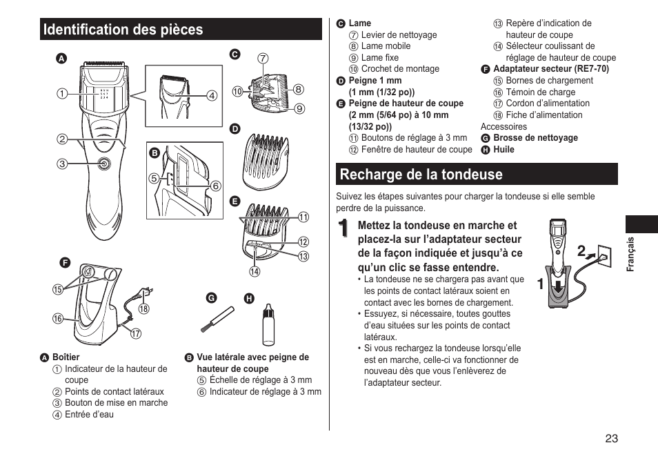 Identificationdespièces, Rechargedelatondeuse | Panasonic ER-GS60-S User Manual | Page 23 / 48