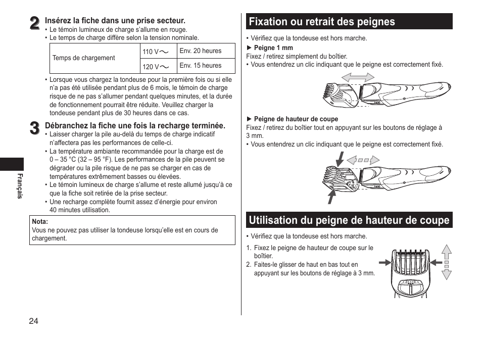 Fixationouretraitdespeignes, Utilisationdupeignedehauteurdecoupe | Panasonic ER-GS60-S User Manual | Page 24 / 48