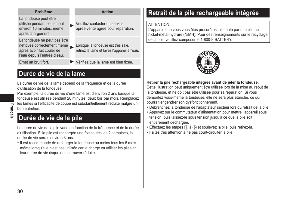 Duréedeviedelalame, Duréedeviedelapile, Retraitdelapilerechargeableintégrée | Panasonic ER-GS60-S User Manual | Page 30 / 48