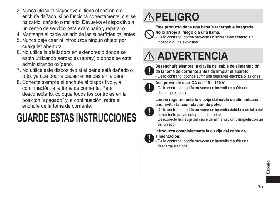 Guardeestasinstrucciones, Peligro, Advertencia | Panasonic ER-GS60-S User Manual | Page 35 / 48