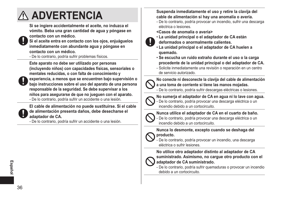 Advertencia | Panasonic ER-GS60-S User Manual | Page 36 / 48