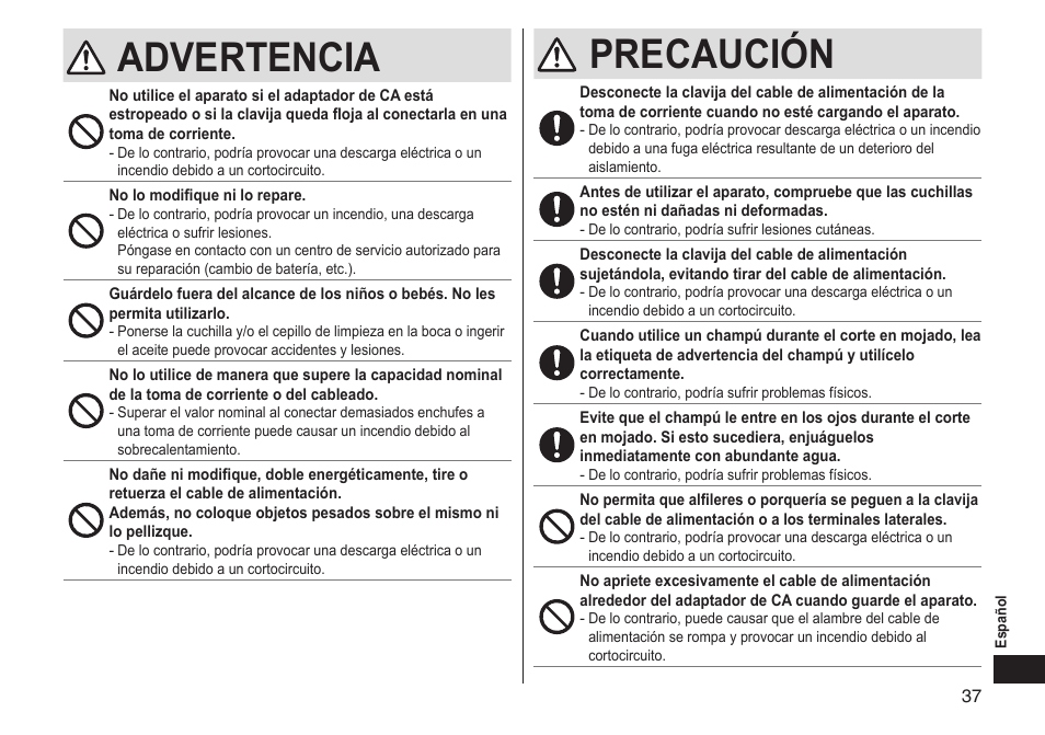 Advertencia, Precaución | Panasonic ER-GS60-S User Manual | Page 37 / 48