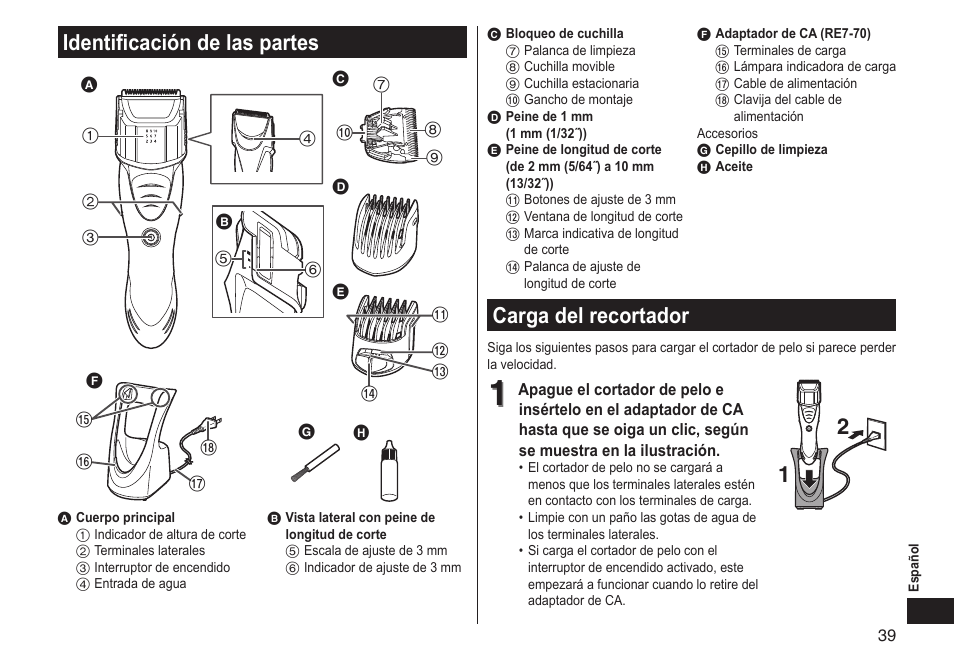 Identificacióndelaspartes, Cargadelrecortador | Panasonic ER-GS60-S User Manual | Page 39 / 48