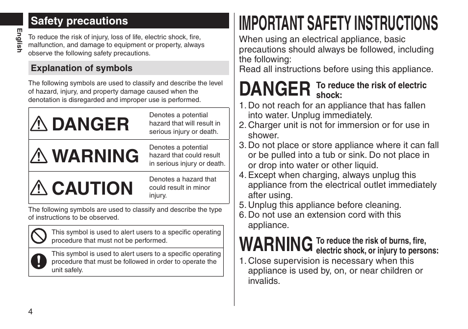 Importantsafetyinstructions, Danger, Warning | Caution | Panasonic ER-GS60-S User Manual | Page 4 / 48