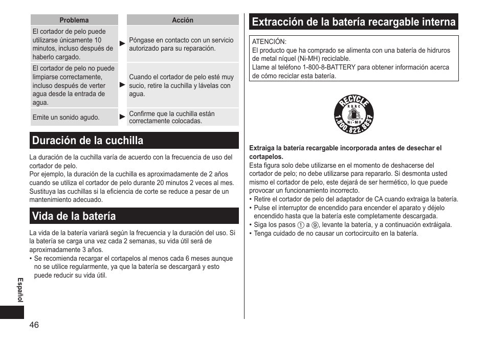 Duracióndelacuchilla, Vidadelabatería, Extraccióndelabateríarecargableinterna | Panasonic ER-GS60-S User Manual | Page 46 / 48