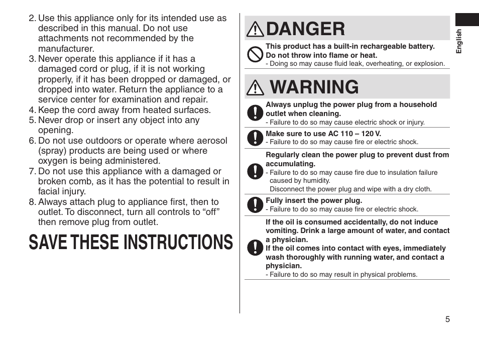 Savetheseinstructions, Danger, Warning | Panasonic ER-GS60-S User Manual | Page 5 / 48