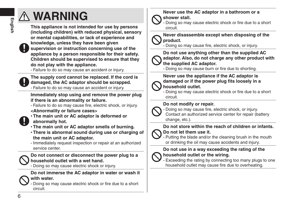 Warning | Panasonic ER-GS60-S User Manual | Page 6 / 48