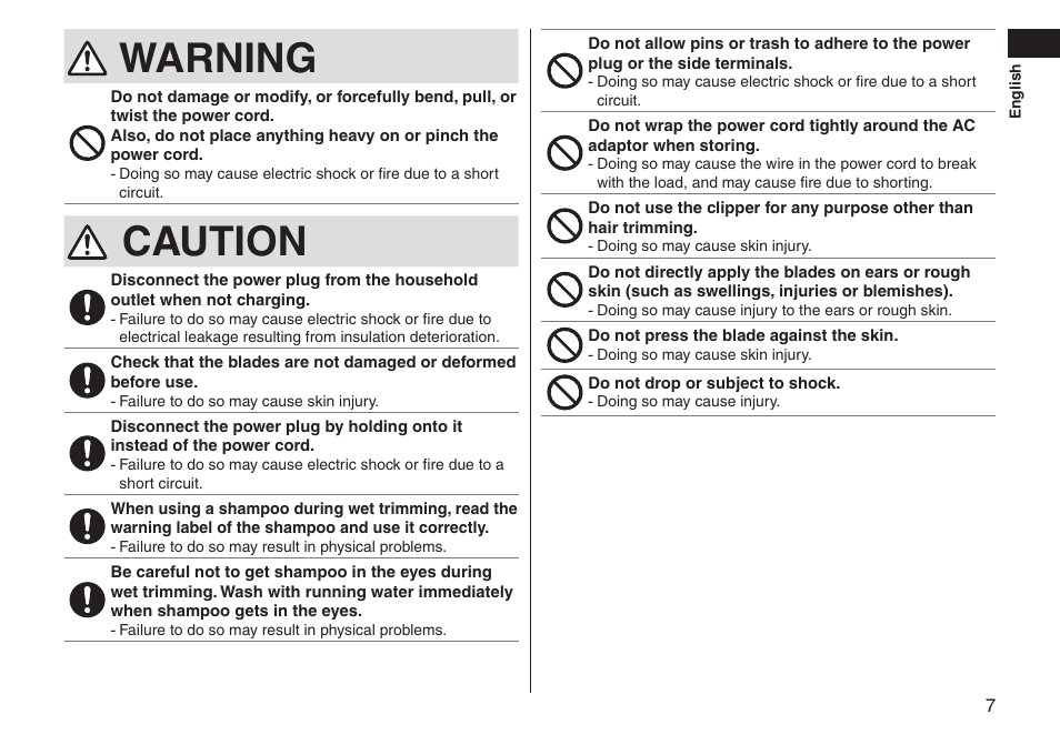 Warning, Caution | Panasonic ER-GS60-S User Manual | Page 7 / 48