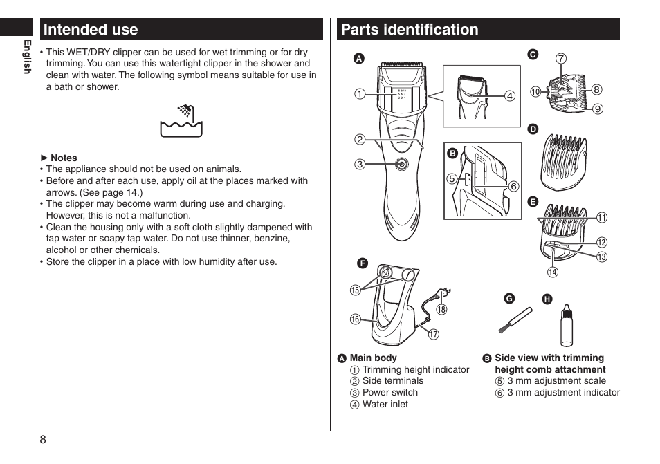 Intendeduse, Partsidentification | Panasonic ER-GS60-S User Manual | Page 8 / 48