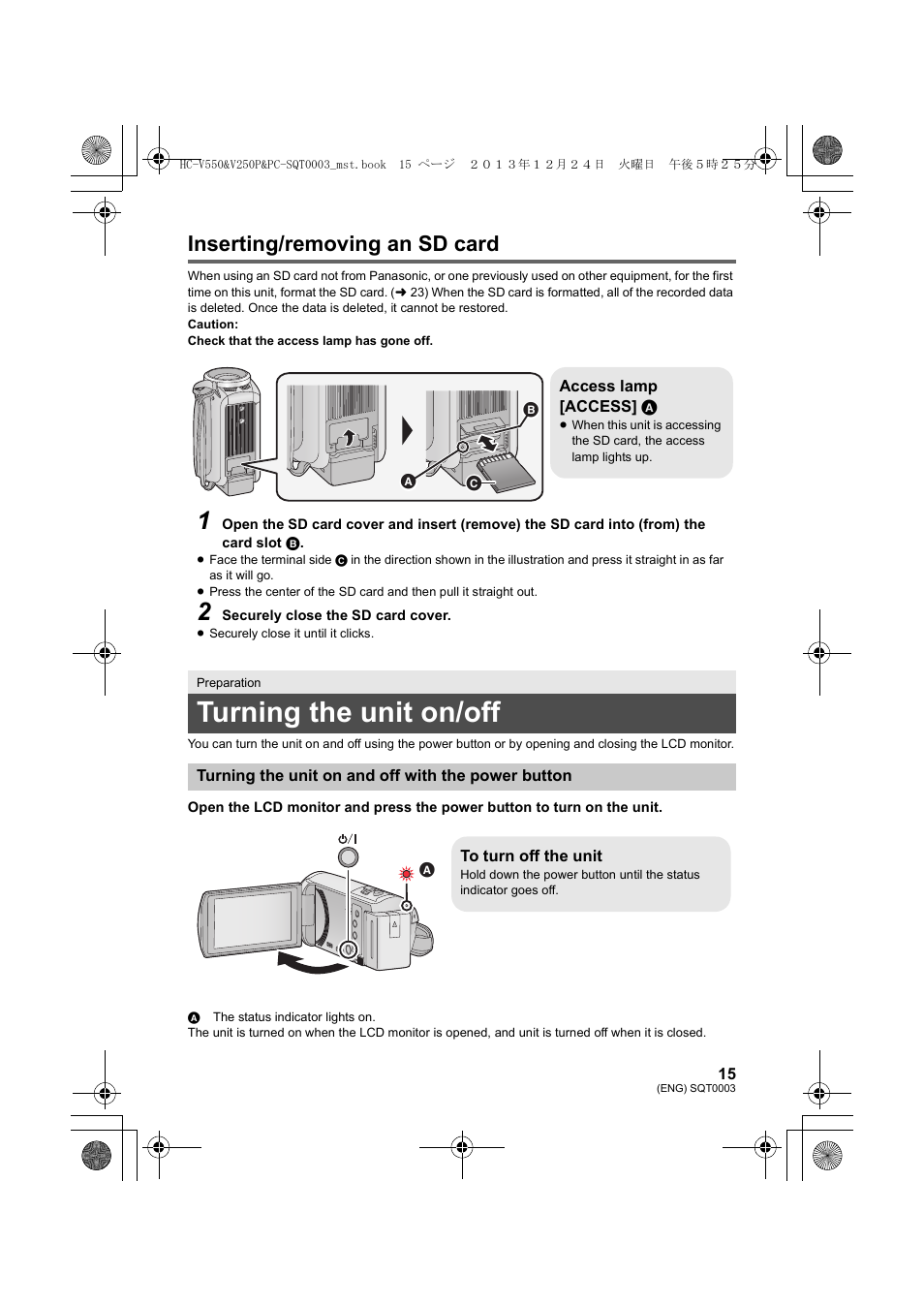Turning the unit on/off, Inserting/removing an sd card | Panasonic HC-V550K User Manual | Page 15 / 36