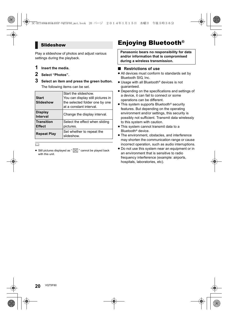 Enjoying bluetooth, Slideshow | Panasonic SC-BTT465 User Manual | Page 20 / 48