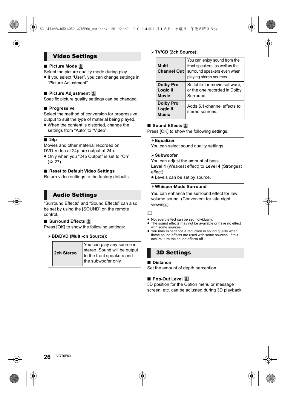 Video settings audio settings, 3d settings | Panasonic SC-BTT465 User Manual | Page 26 / 48