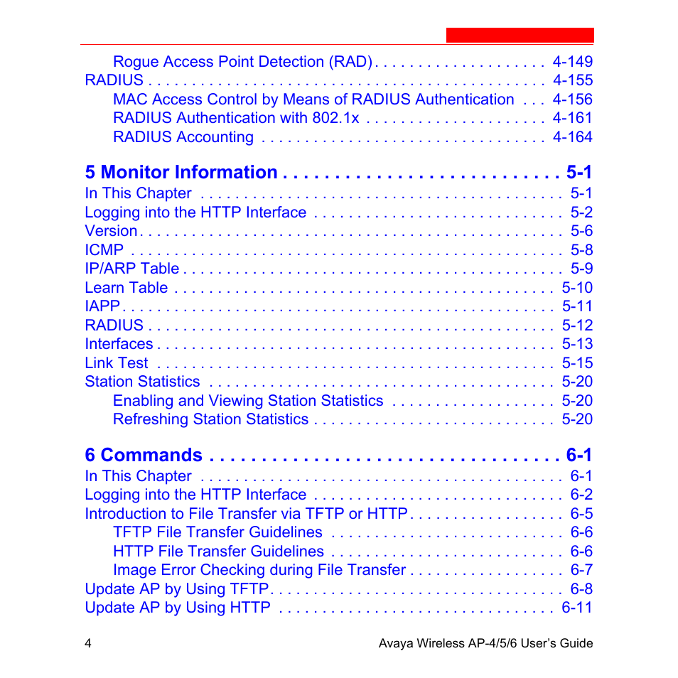 5 monitor information -1, 6 commands -1 | Avaya AP-6 User Manual | Page 10 / 502