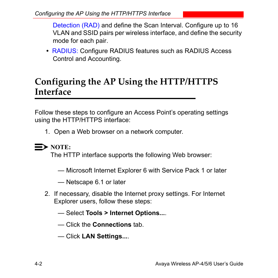 Configuring the ap using the http/https interface | Avaya AP-6 User Manual | Page 100 / 502