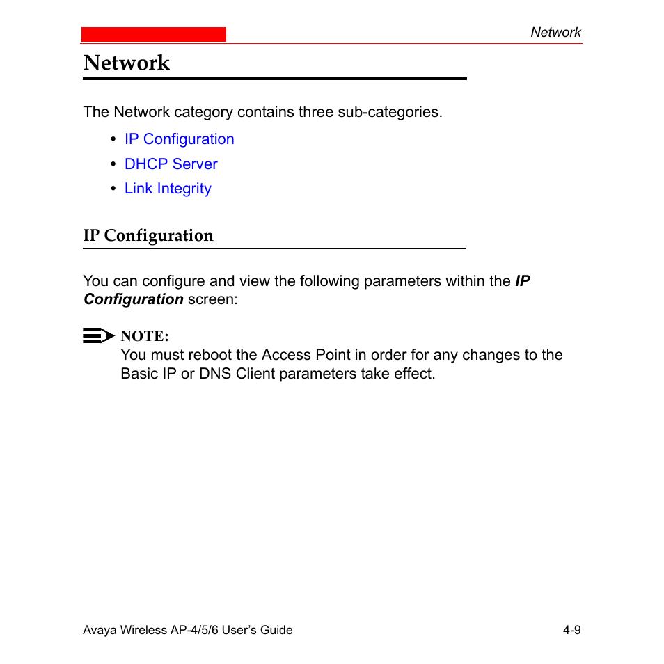 Network, Ip configuration, Network -9 | Ip configuration -9 | Avaya AP-6 User Manual | Page 107 / 502