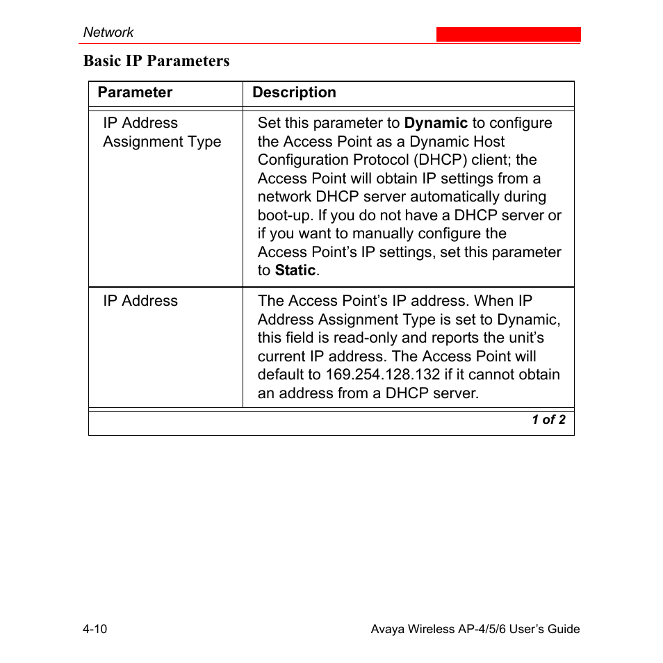 Basic ip parameters | Avaya AP-6 User Manual | Page 108 / 502