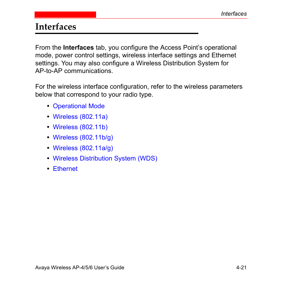 Interfaces, Interfaces -21 | Avaya AP-6 User Manual | Page 119 / 502