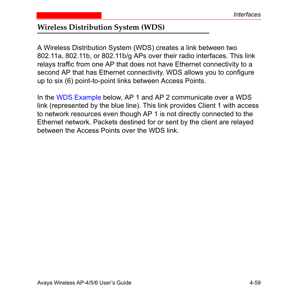 Wireless distribution system (wds), Wireless distribution system (wds) -59, Wireless distribution system | Wds) | Avaya AP-6 User Manual | Page 157 / 502