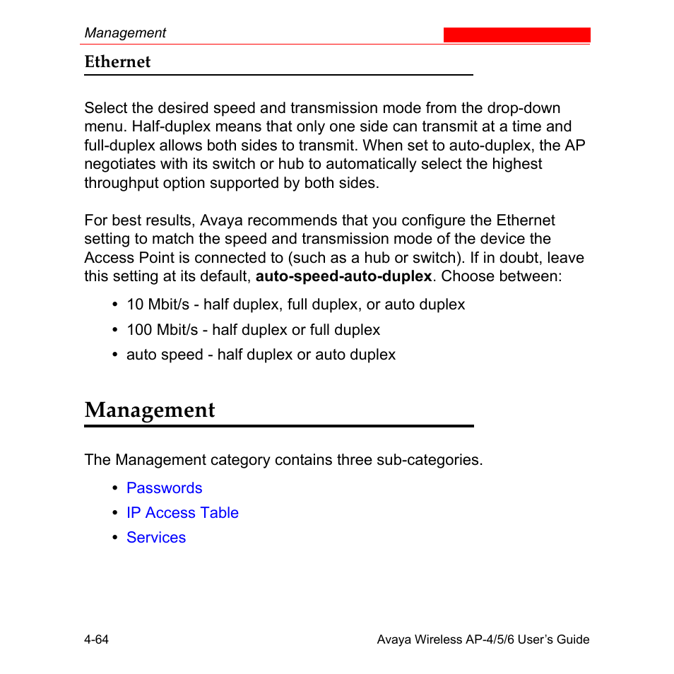 Ethernet, Management, Ethernet -64 | Management -64 | Avaya AP-6 User Manual | Page 162 / 502