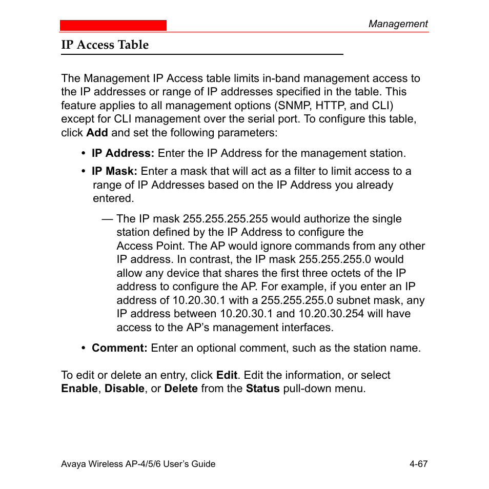 Ip access table, Ip access table -67 | Avaya AP-6 User Manual | Page 165 / 502
