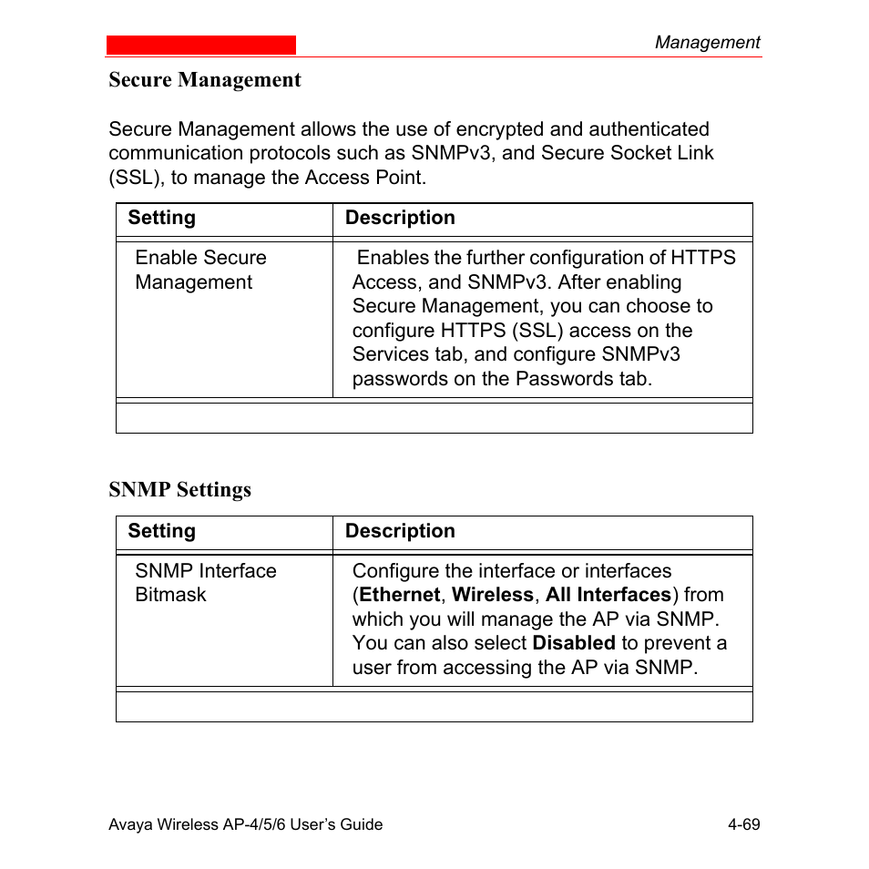 Secure management, Snmp settings | Avaya AP-6 User Manual | Page 167 / 502