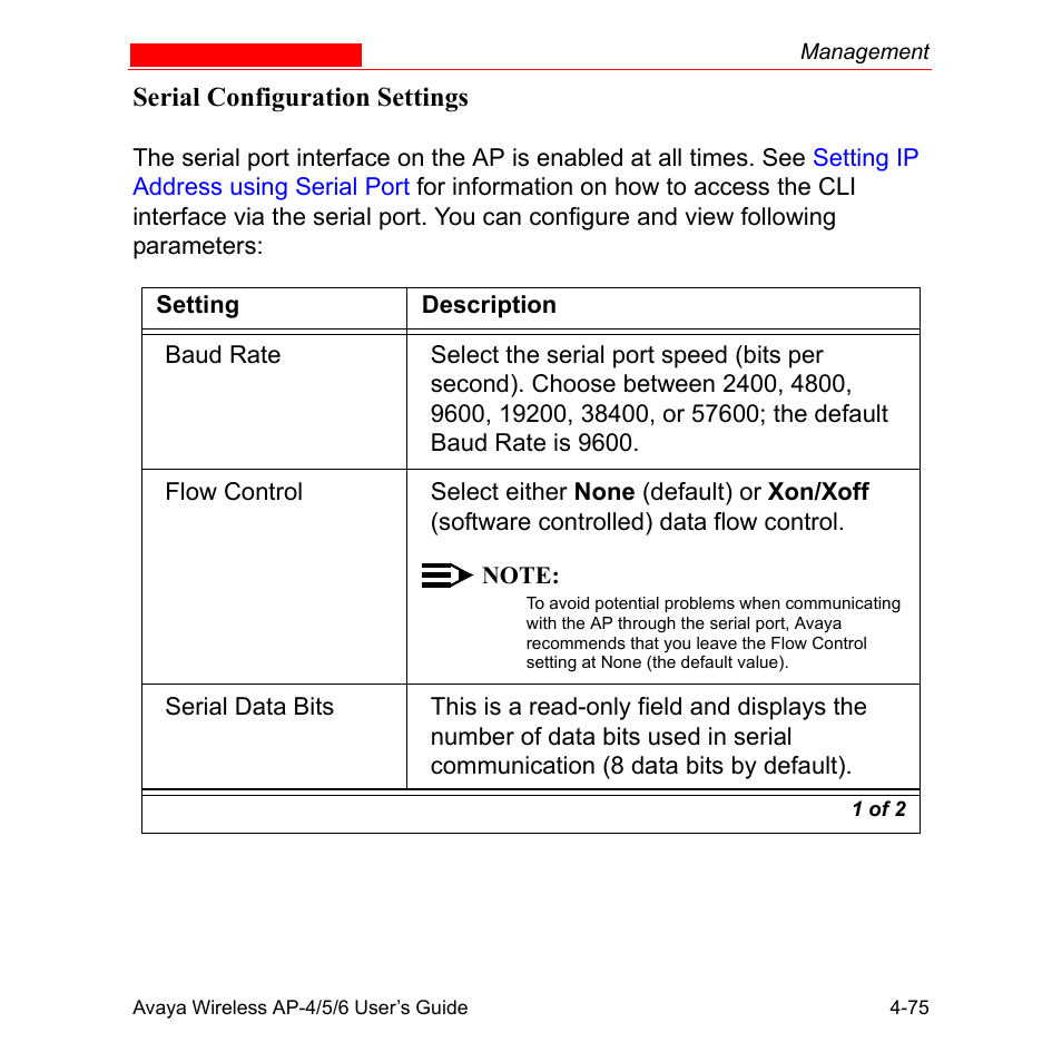 Serial configuration settings | Avaya AP-6 User Manual | Page 173 / 502