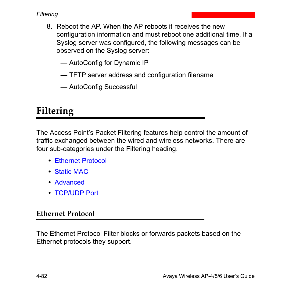Filtering, Ethernet protocol, Filtering -82 | Ethernet protocol -82 | Avaya AP-6 User Manual | Page 180 / 502