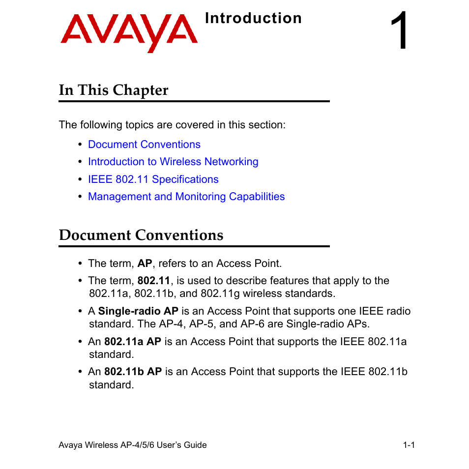 1 introduction, In this chapter, Document conventions | 1 introduction -1, In this chapter -1 document conventions -1, Introduction in this chapter | Avaya AP-6 User Manual | Page 19 / 502