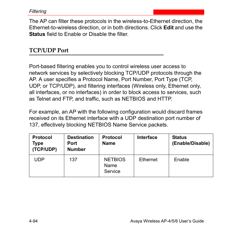 Tcp/udp port, Tcp/udp port -94 | Avaya AP-6 User Manual | Page 192 / 502