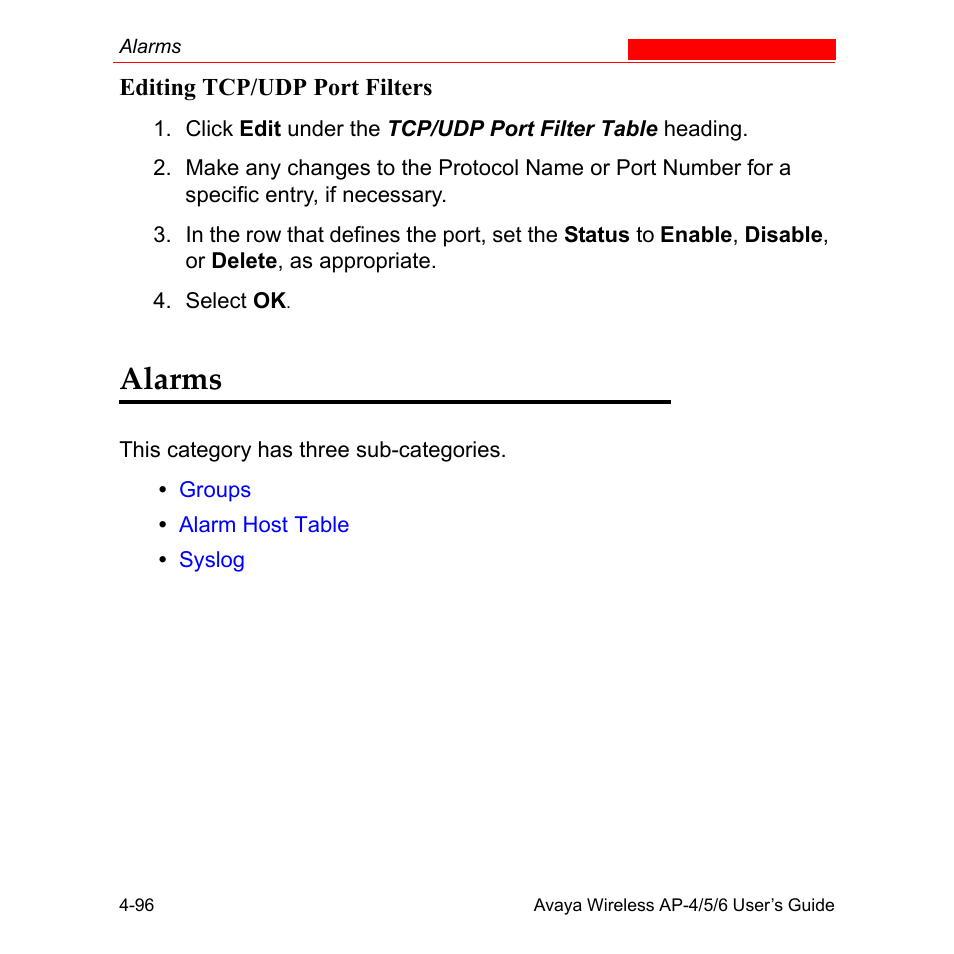 Alarms, Alarms -96 | Avaya AP-6 User Manual | Page 194 / 502