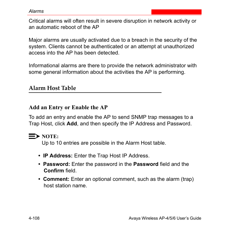 Alarm host table, Alarm host table -108 | Avaya AP-6 User Manual | Page 206 / 502