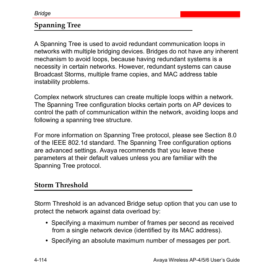 Spanning tree, Storm threshold, Spanning tree -114 storm threshold -114 | Avaya AP-6 User Manual | Page 212 / 502