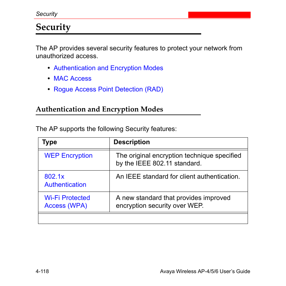 Security, Authentication and encryption modes, Security -118 | Authentication and encryption modes -118 | Avaya AP-6 User Manual | Page 216 / 502
