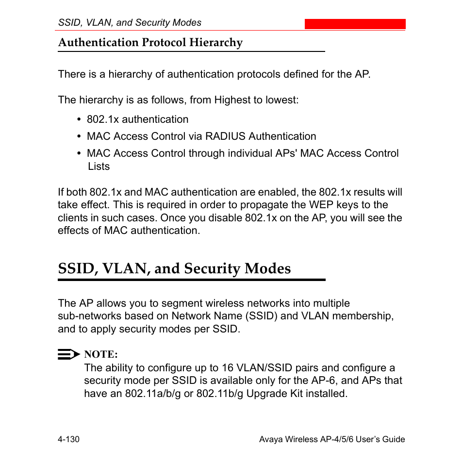 Authentication protocol hierarchy, Ssid, vlan, and security modes, Authentication protocol hierarchy -130 | Ssid, vlan, and security modes -130 | Avaya AP-6 User Manual | Page 228 / 502