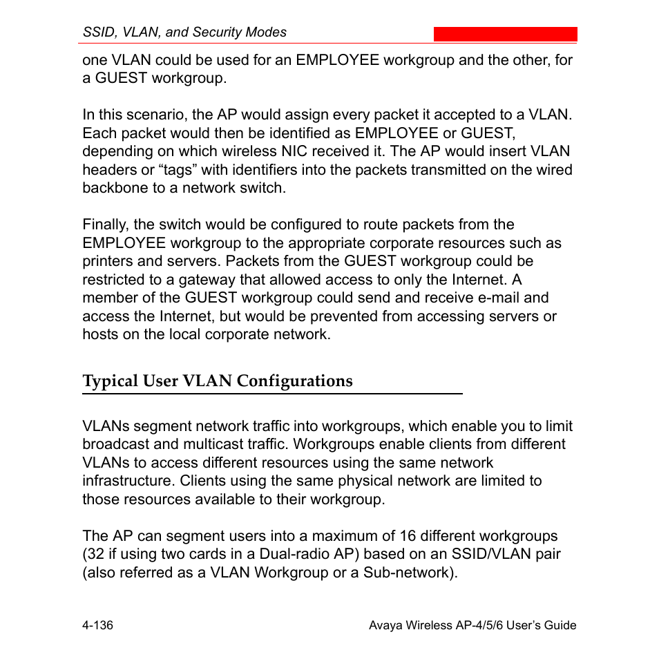 Typical user vlan configurations, Typical user vlan configurations -136 | Avaya AP-6 User Manual | Page 234 / 502
