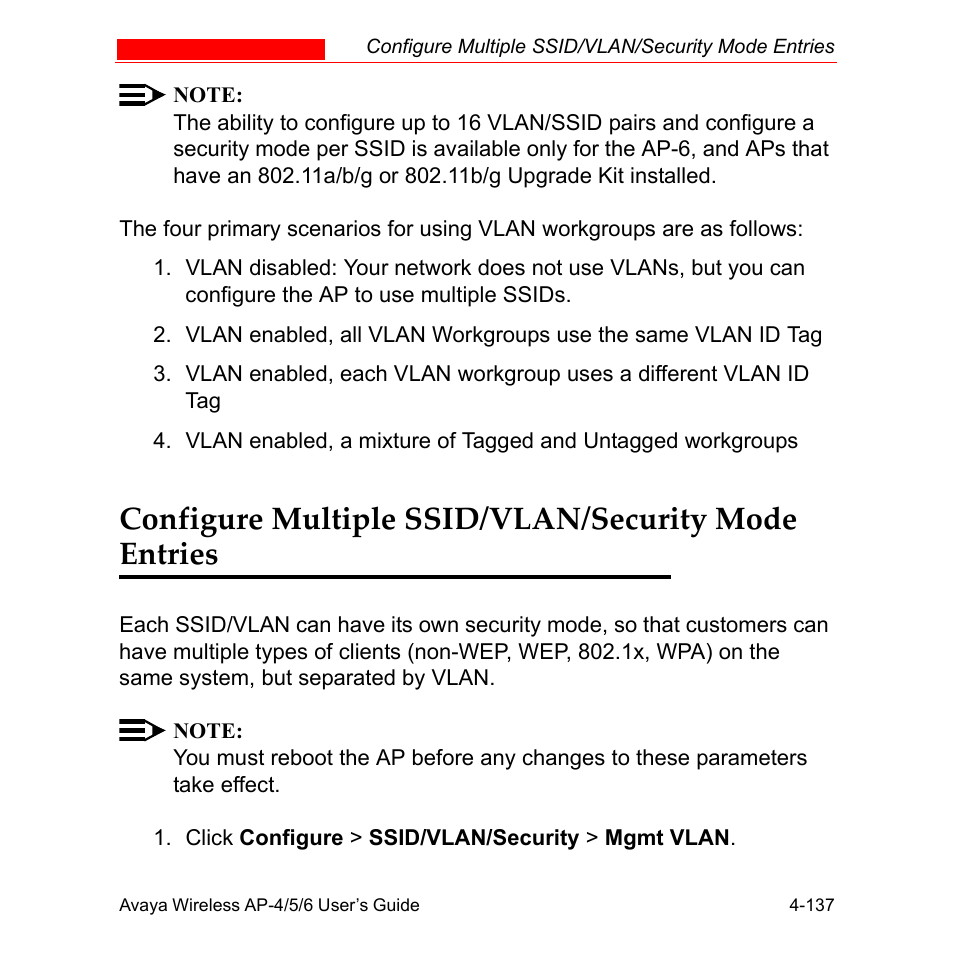 Configure multiple ssid/vlan/security mode entries | Avaya AP-6 User Manual | Page 235 / 502