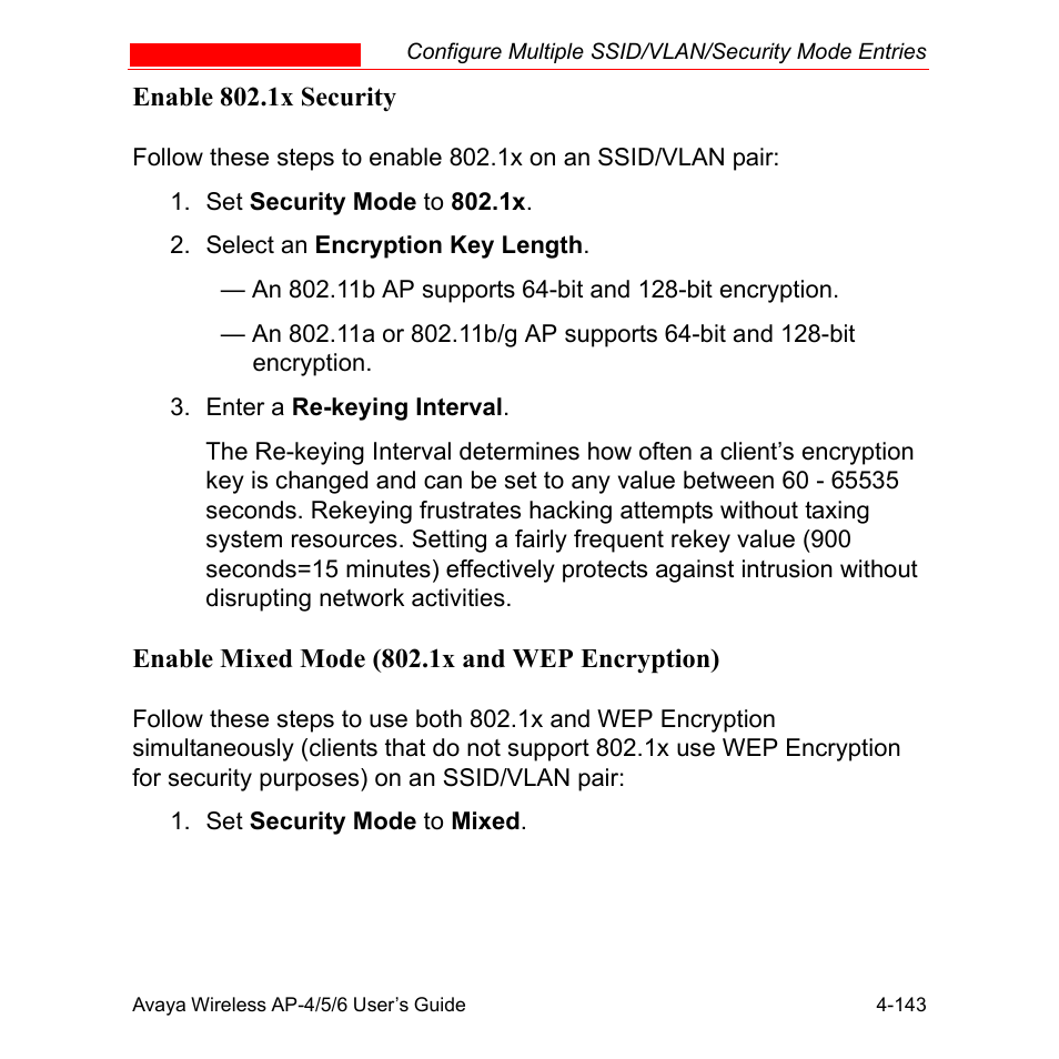 Enable 802.1x security, Enable mixed mode (802.1x and wep encryption) | Avaya AP-6 User Manual | Page 241 / 502