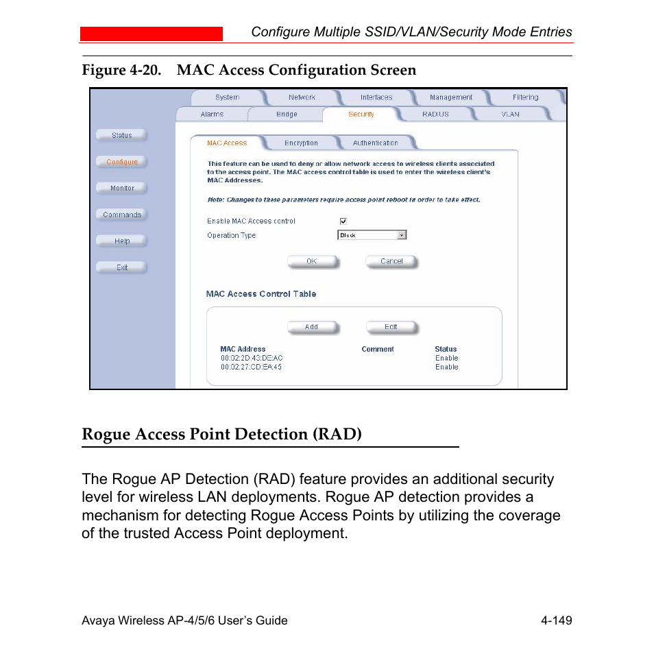 Rogue access point detection (rad), Rogue access point detection (rad) -149, Rogue access point | Avaya AP-6 User Manual | Page 247 / 502