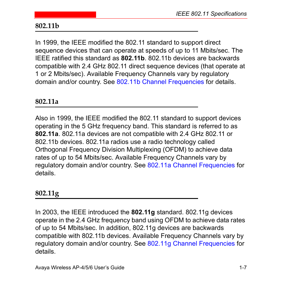 11b -7 802.11a -7 802.11g -7 | Avaya AP-6 User Manual | Page 25 / 502