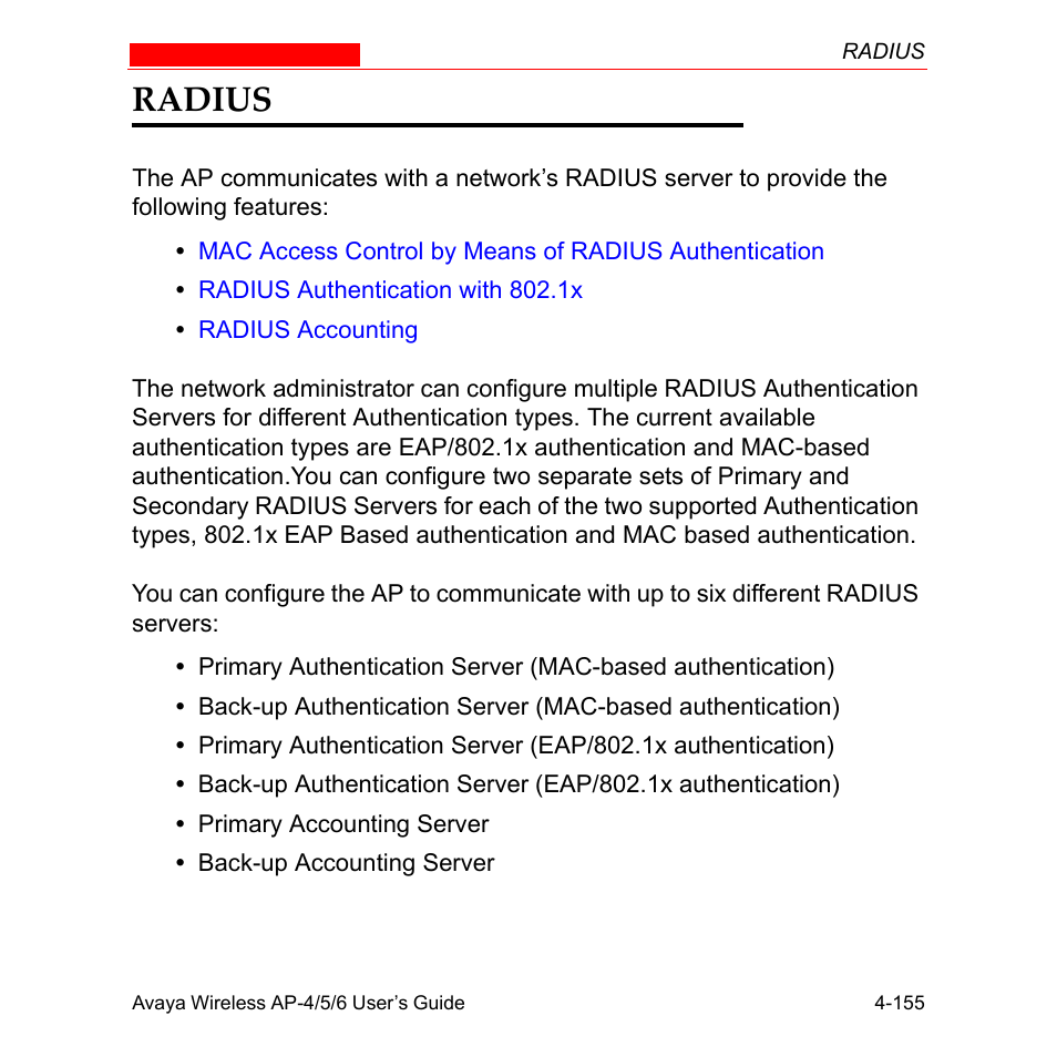 Radius, Radius -155 | Avaya AP-6 User Manual | Page 253 / 502