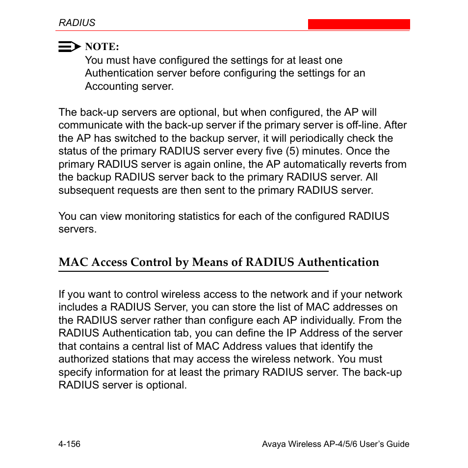 Access control by means of radius authentication | Avaya AP-6 User Manual | Page 254 / 502